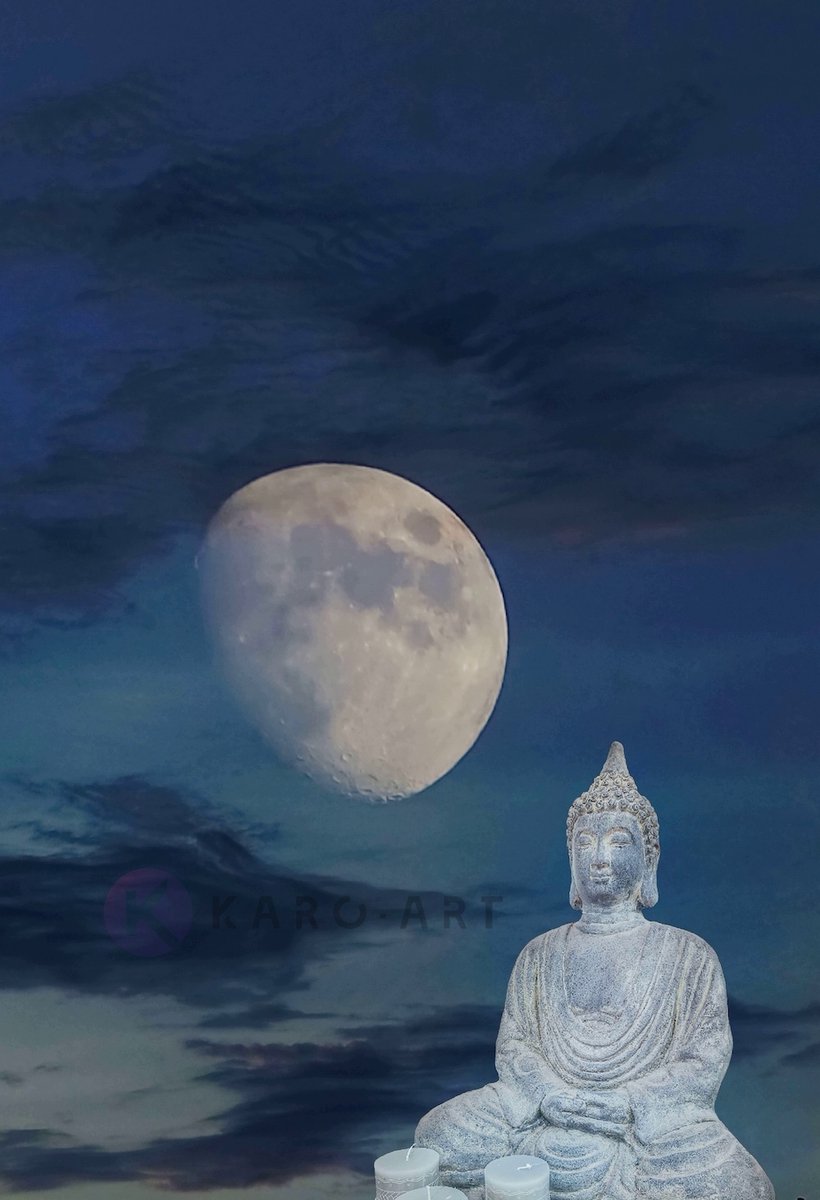 karo-art Schilderij - Boeddha, meditatie in het maanlicht , Blauw grijs, 2 maten , Premium print Multikleur