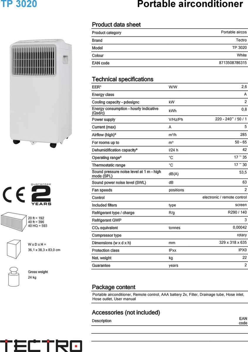 Tectro TP 3020 - Mobiele airco - airconditioner - 65 m³ | bol