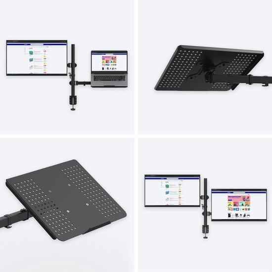 LifeGoods Dubbele Monitor Arm met Laptop Standaard - Ook Voor 2 Beeldschermen (Max. 27") - Beugel is Kantelbaar / Draaibaar / Zwenkbaar - Staal - Zwart