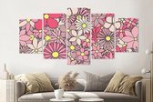 Schilderij -Roze bloemen,    5 luik, 200x100cm, Wanddecoratie