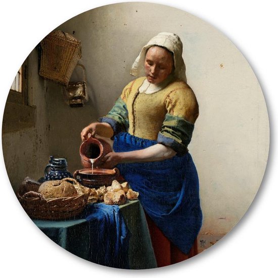 Het melkmeisje, Johannes Vermeer, ca. 1660 - Muurcirkel 50cm - Wandcirkel voor buiten - Aluminium Dibond - Johannes Vermeer - Meesterwerken