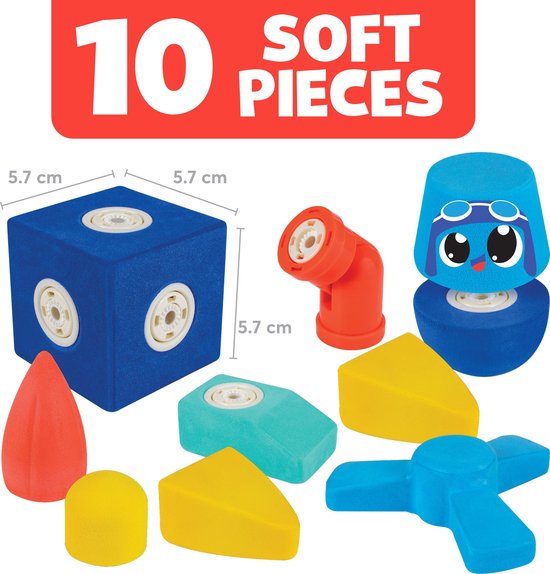 Een blauwe kubus, een rode punt, een gele bol, oranje bochtstukken en andere vormen van magnetisch constructiespeelgoed.