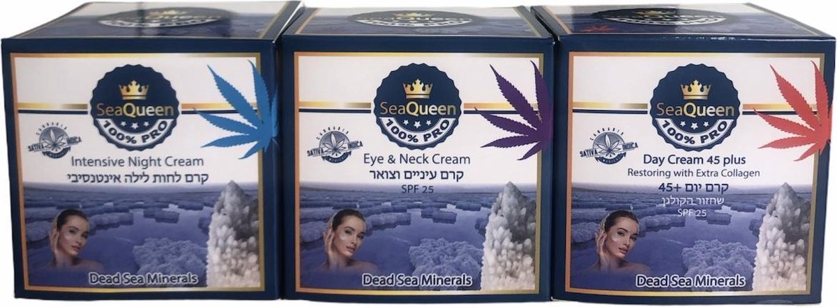 Kerst cadeautje voor haar set SeaQueen - Dead Sea Minerals Cannabis Set - Day Cream 45+ & Eye & Neck Cream & Intensive Night Cream (Dode Zee Mineralen Cannabis Set - Dagcreme 45+ & Oog & Nek Creme & Intensieve Nachtcreme)