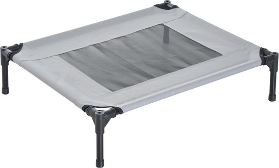 Grijs hondenligbed met zwart frame, gaas in het midden.