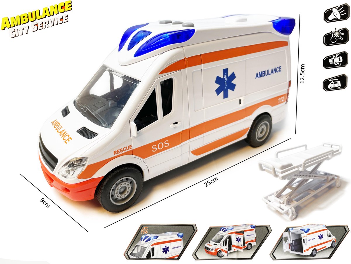 Ambulance speelgoed voertuig 25cm - pull back aandrijving - met sirene-geluid en lichtjes op - S.O.S 112