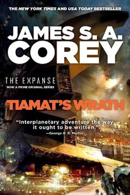 Boekcover van 'Tiamat's Wrath' door James S. A. Corey, deel van The Expanse serie. Sci-fi ruimtevaart-thema.