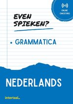 Studieboek Even Spieken? Grammatica Nederlands met blauwe elementen, gelinieerd papierontwerp en online omgeving icoon.
