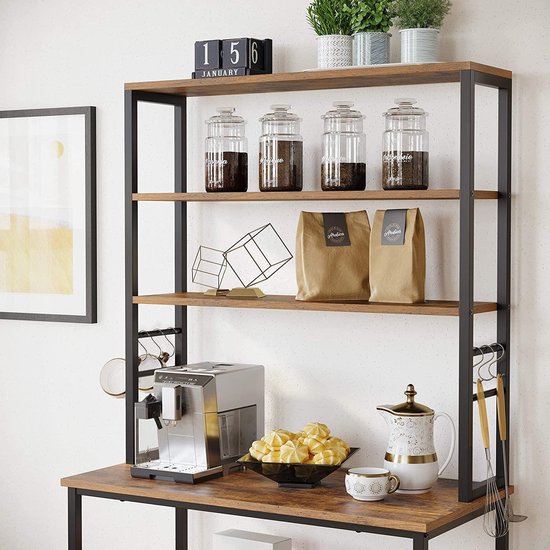 Étagère de cuisine, support debout avec étagères, avec 6 crochets et cadre en métal, design industriel, pour micro-ondes, ustensiles de cuisine, 80 x 40 x 167 cm, vintage marron-noir KKS019B01