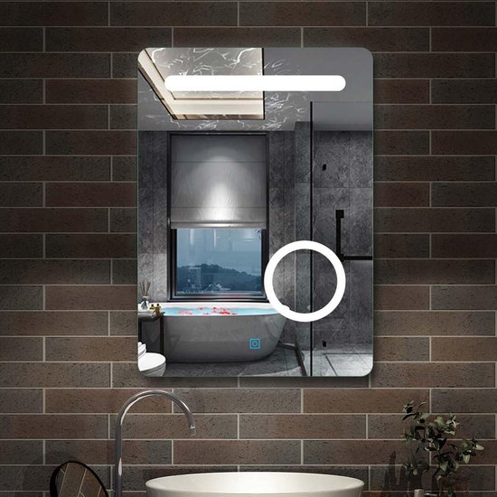 Miroir de salle de bain d'angle rond LED 50x70cm, miroir mural 5mm,  interrupteur à
