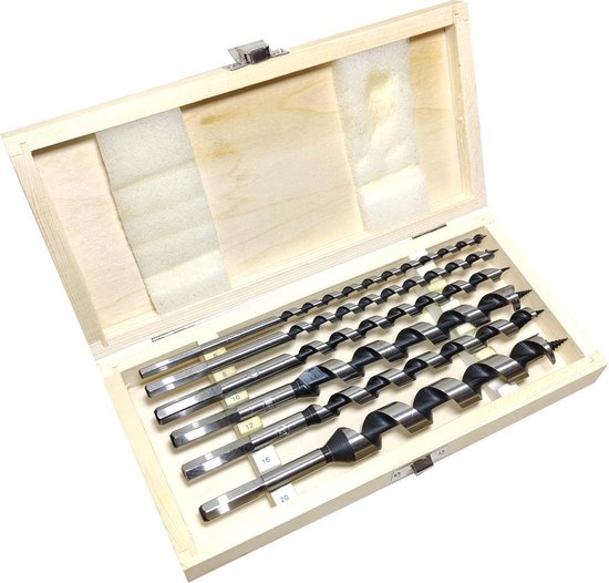 Houten kist met 6 stuks gehard stalen slangenboren van 230mm in maten 6, 8, 10, 12, 16 en 20mm.