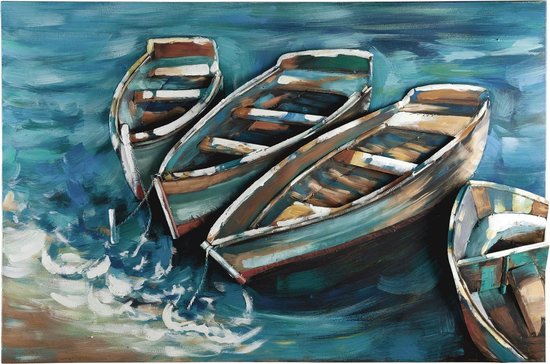 aangemeerde boten - kleurrijk - 120x80 cm - boten in het water - Wanddecoratie metaal – Metalen wanddecoratie – Aluminium schilderij – Industrieel schilderij