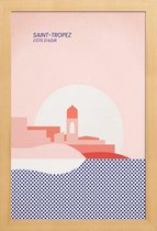 JUNIQE - Poster met houten lijst Saint-Tropez -13x18 /Blauw & Roze