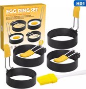 Ei Ring - 4 stks/set Rond Fried Egg Mold - Een Gratis Bakborstel -Gebakken Ei Pancake - Rvs Leuke Vormige Pancake -Ringen Mold