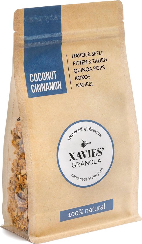 Bruine papieren zak met XAVIES Granola Kokos Kaneel.