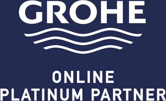 GROHE ONLINE PLATINUM PARTNER logo op een donkerblauwe achtergrond.