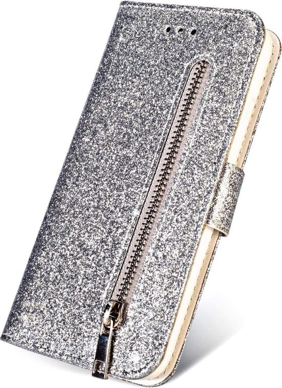 Bookcase Oppo A73 Glitter avec fermeture éclair - couverture - étui portefeuille - Argent