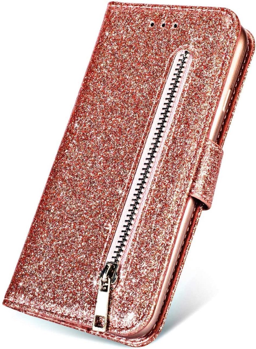 Bookcase Geschikt voor: Samsung Galaxy A41 Glitter met rits - hoesje - portemonneehoesje - Rosegoud