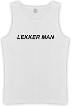 Witte Tanktop sportshirt met Zwarte “ Lekker Man “ Print Size S