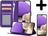 Hoesje Geschikt voor Samsung A32 4G Hoesje Book Case Hoes Wallet Cover Met Screenprotector - Hoes Geschikt voor Samsung Galaxy A32 4G Hoesje Bookcase Hoes - Paars