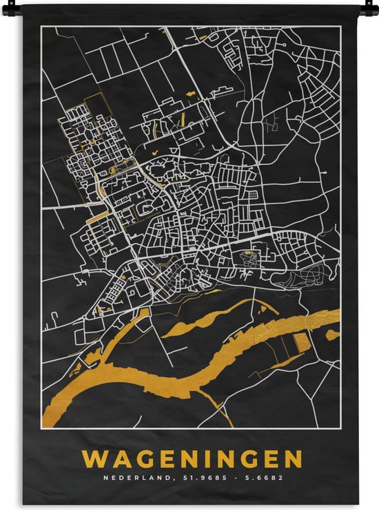 Wandkleed - Wanddoek - Plattegrond - Wageningen - Goud - Zwart - 90x135 cm - Wandtapijt - Stadskaart