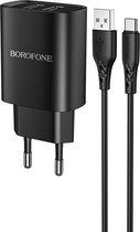 HOCO BN2 Super Fast - Universele 2-Poort USB Oplader + USB-C Kabel - 5V/2.1A 10W - Voor iPhone en Android Smartphones - Zwart