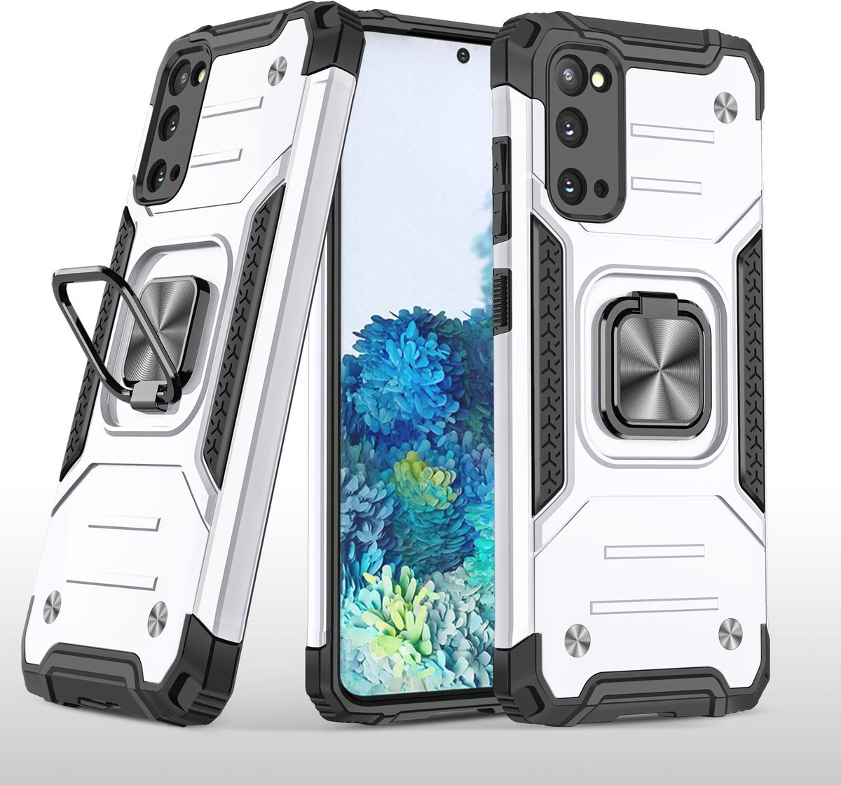 Hoesje Geschikt Voor Samsung Galaxy S20 Hoesje - Heavy Duty Armor hoesje Zliver - Galaxy S20 silicone TPU hybride hoesje Kickstand ringhouder met Magnetisch Auto Mount