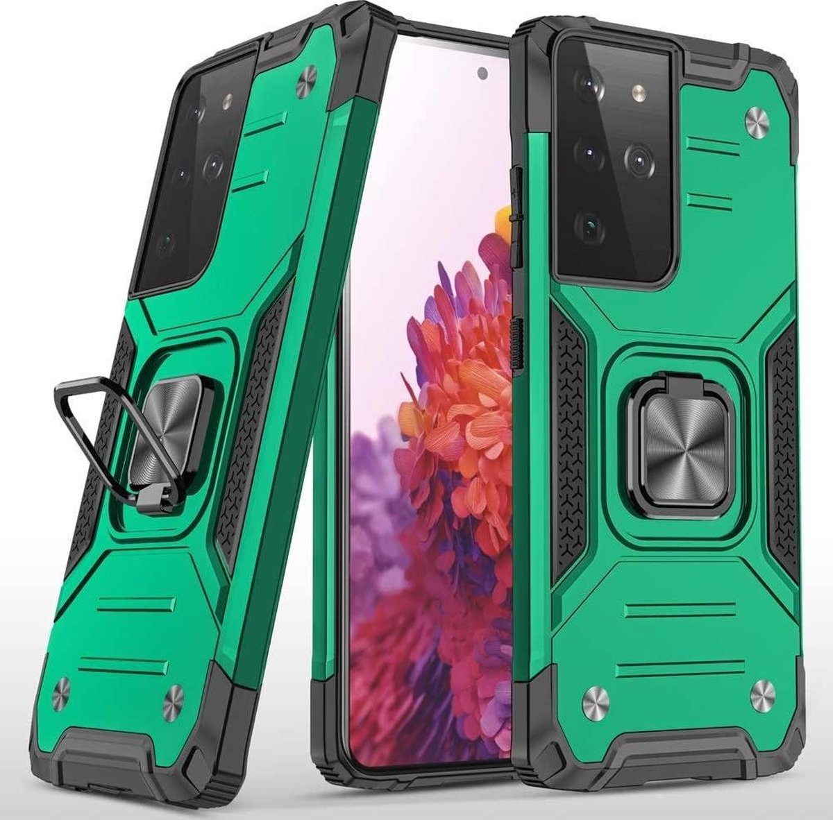 Hoesje Geschikt Voor Samsung Galaxy S21 Ultra Hoesje - Heavy Duty Armor hoesje Groen - Galaxy S21 Ultra silicone TPU hybride hoesje Kickstand ringhouder met Magnetisch Auto Mount
