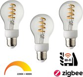 3 Pack - Smart E27 Filament LED Lamp 5w, CCT: 2200K-4000K, 470 Lumen, Werkt via Zigbee 3.0 / App / Wifi