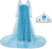 Elsa jurk IJskoningin Deluxe blauw met lange sleep 104-110 (110) + kroon Prinsessen jurk verkleedkleding