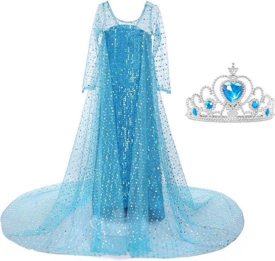 Elsa jurk IJskoningin Deluxe blauw met lange sleep + kroon Prinsessen jurk verkleedkleding