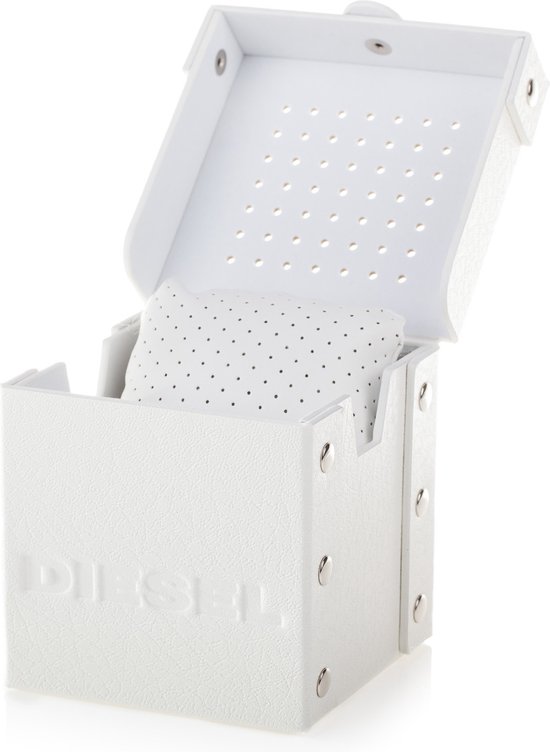 Off-white Diesel horlogedoos geopend met een witte, geperforeerde horlogepolster.