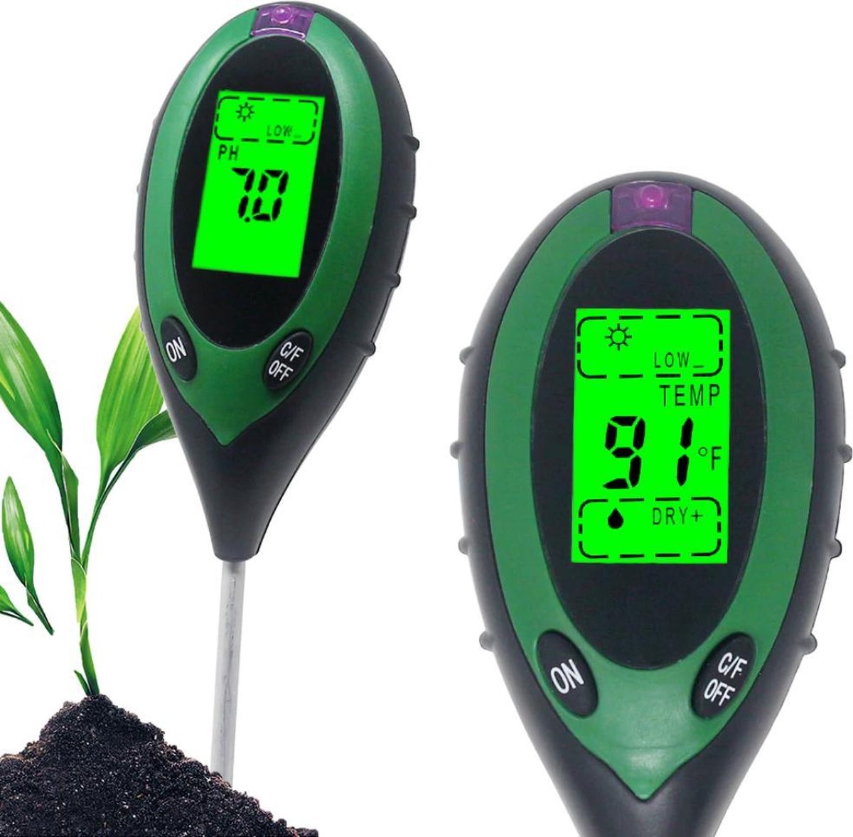 Vochtmeter planten - 4 in 1 - Vochtmeter - Watermeter - PH-meter - Vochtigheidsmeter Planten - Grondmeter - Watermeter voor kamerplanten- Groen - Incl. Batterij