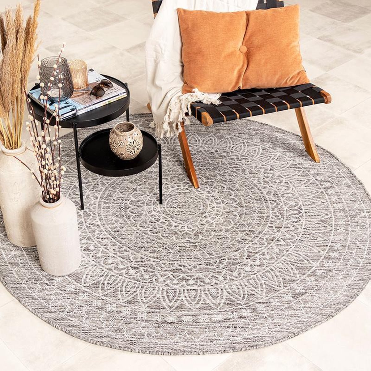 Fraai Rond Buitenkleed - Summer Azteca Lichtgrijs - Ø 100cm