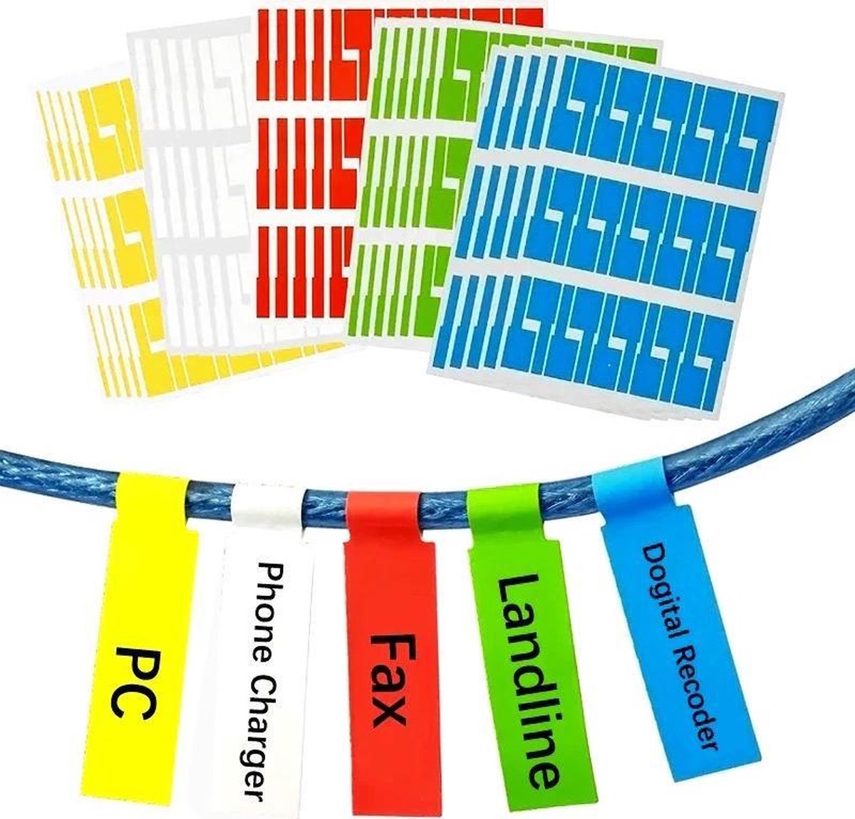 150 netwerk / telefoonkabels labels (stickers) in 5 kleuren op A4