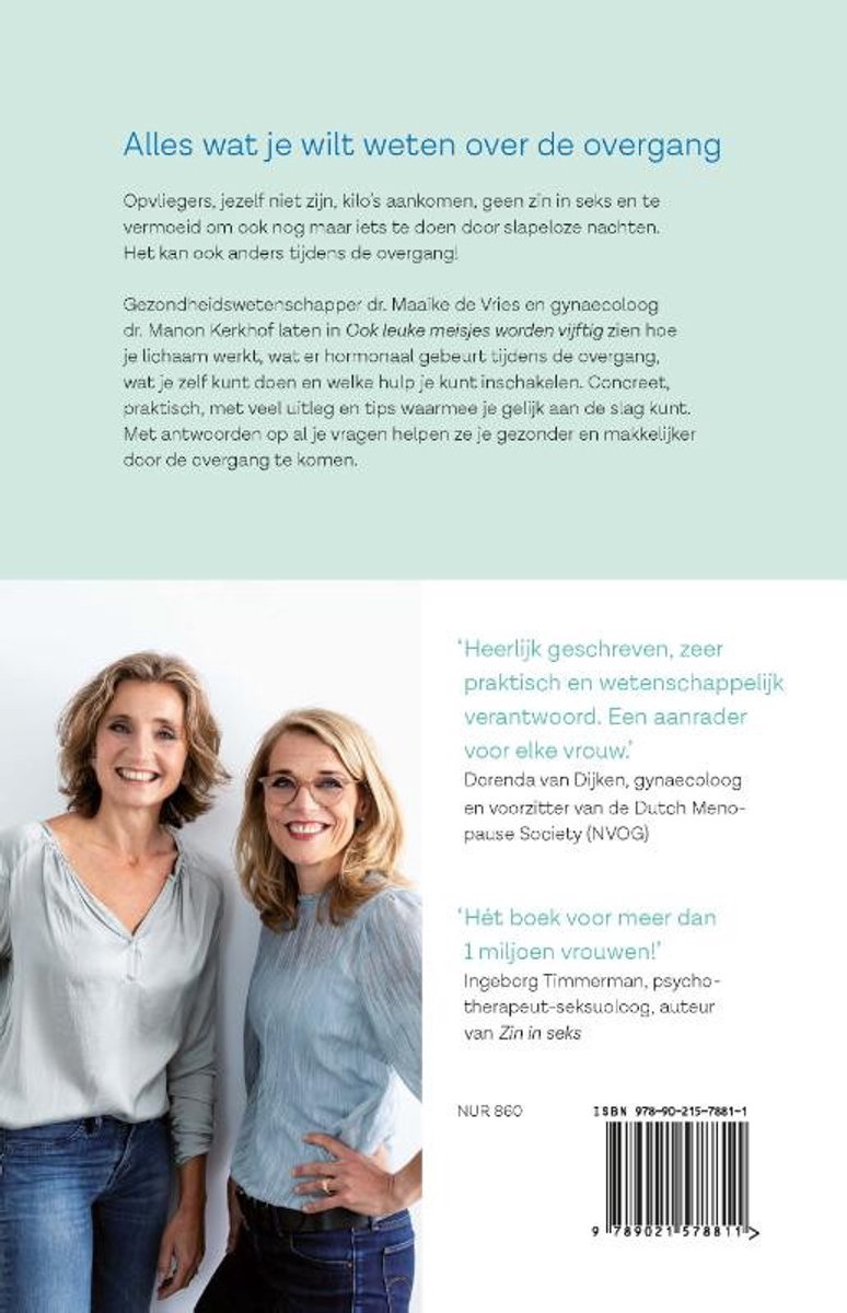 Achterkant van boek met foto van twee lachende vrouwen, tekst en ISBN.
