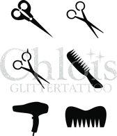 Chloïs Glittertattoo Sjabloon - Hairdresser - Multi Stencil - CH9413 - 1 stuks zelfklevend sjabloon met 6 kleine designs in verpakking - Geschikt voor 6 Tattoos - Nep Tattoo - Gesc