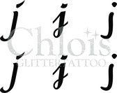 Chloïs Glittertattoo Sjabloon - Small Letter j - Multi Stencil - CH9766 - 1 stuks zelfklevend sjabloon met 6 kleine designs in verpakking - Geschikt voor 6 Tattoos - Nep Tattoo - Geschikt voor Glitter Tattoo, Inkt Tattoo of Airbrush