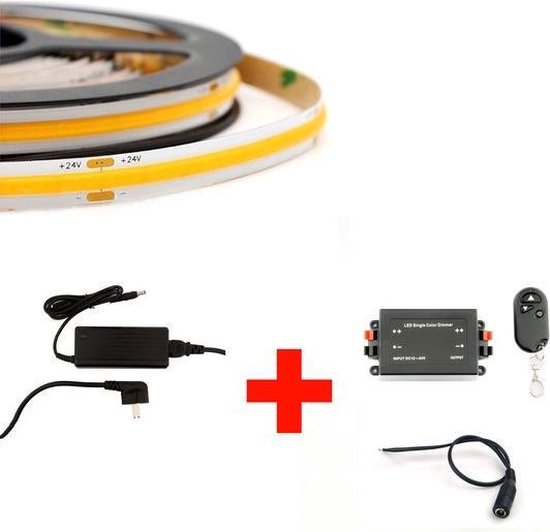 Groenovatie LED COB Strip Set - 5 Meter - 5 Watt/meter - Warm Wit - Met Adapter & Draadloze Dimmer