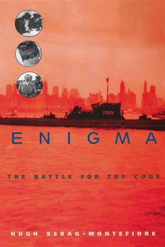 Boekomslag van 'Enigma: The Battle for the Code' met een onderzeeër en skyline op de achtergrond.