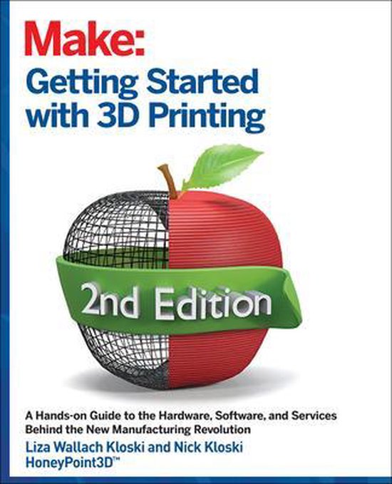Boek 'Make: Getting Started with 3D Printing', 2e editie, met een rode appel gedeeltelijk als 3D-wireframe.