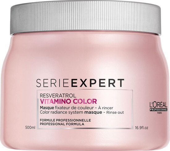 L'Oréal Professionnel Serie Expert Vitamino Color masker, 500 ml. Roze pot met zilverkleurig deksel.