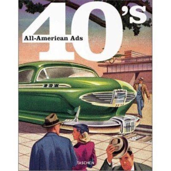 Boekomslag '40s All-American Ads' met groene retroauto en mensen.