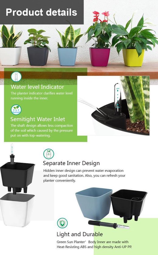 Santino ASTI Bloempot, zelfwaterende bloempot, met waterpeilindicator, rond, premium kwaliteit, voor binnen, voor planten, bloemen en kruiden, diameter 27 cm, hoogte 21 cm, 9 l, groen/goud/wit