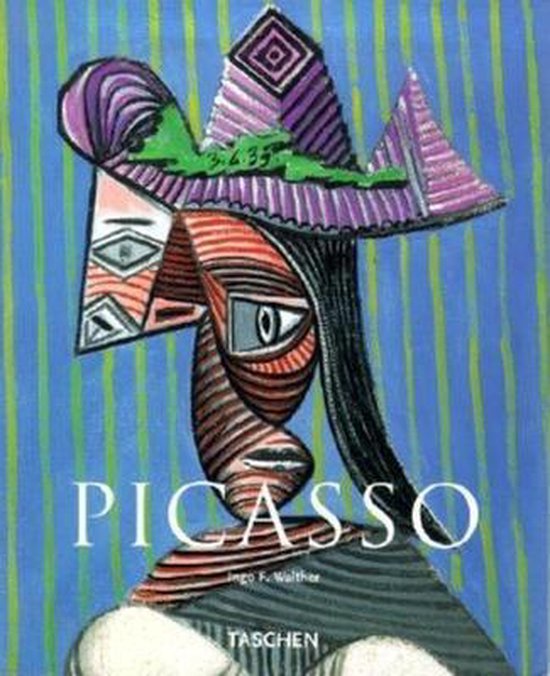 Boekomslag met Picasso-portret in blauwe strepen, met de tekst "PICASSO" en "TASCHEN".