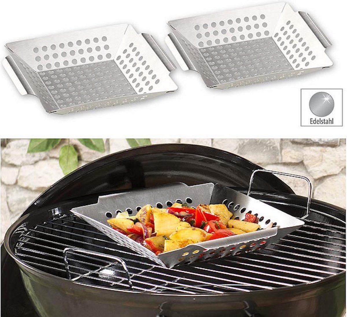 Rosenstein & Söhne grillschaal: Set van 2 roestvrijstalen grillschalen voor te grillen groenten en kleinigheden, 1 mm