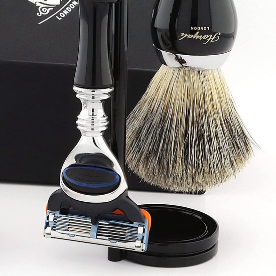 Complete scheerset voor mannen, Haryali London heren scheerset met scheermes met 5 mesjes, scheerkwast, scheerstandaard, scheerzeep en scheerkom (Shaving Set)