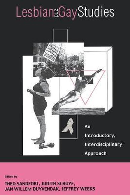 Couverture du livre 'Lesbian and Gay Studies' avec un collage noir et blanc d'une femme en patins à roulettes, un nageur et un ruban rose.
