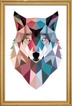 JUNIQE - Poster met houten lijst Geo Wolf -30x45 /Blauw & Roze
