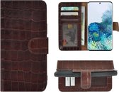 Hoesje Samsung Galaxy S21 - Bookcase Hoesje - Samsung S21 Wallet Book Case Echt Leer Croco Bruin Cover