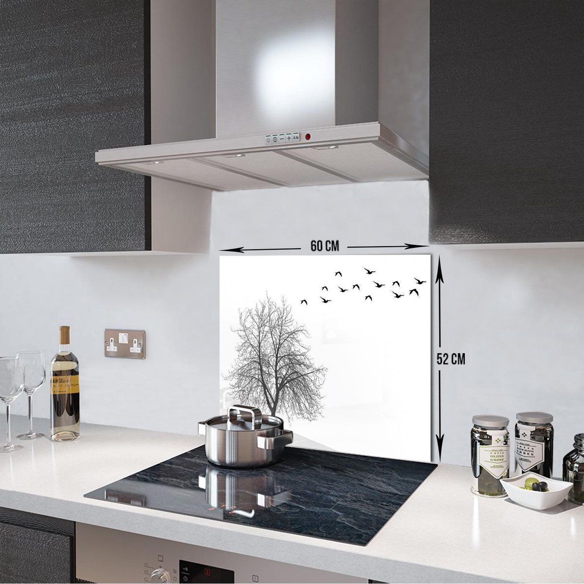 Boom en Vogels Tempered Glas Spatbescherming Voor Achter de Kookplaat 52cm x 60cm